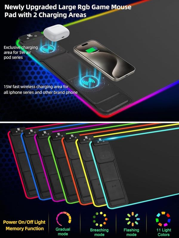 XXL Gaming Mouse Pad with Magnetic Wireless Charging, RGB Black Mousepad Desk Mat with 15W Fast Charger,