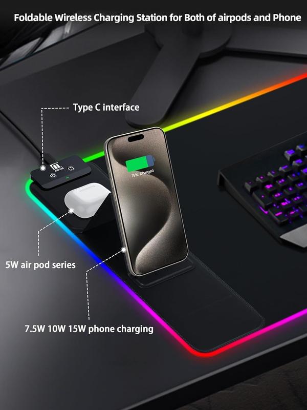 XXL Gaming Mouse Pad with Magnetic Wireless Charging, RGB Black Mousepad Desk Mat with 15W Fast Charger,