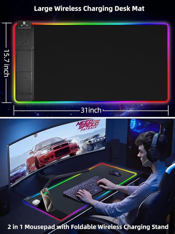 XXL Gaming Mouse Pad with Magnetic Wireless Charging, RGB Black Mousepad Desk Mat with 15W Fast Charger,