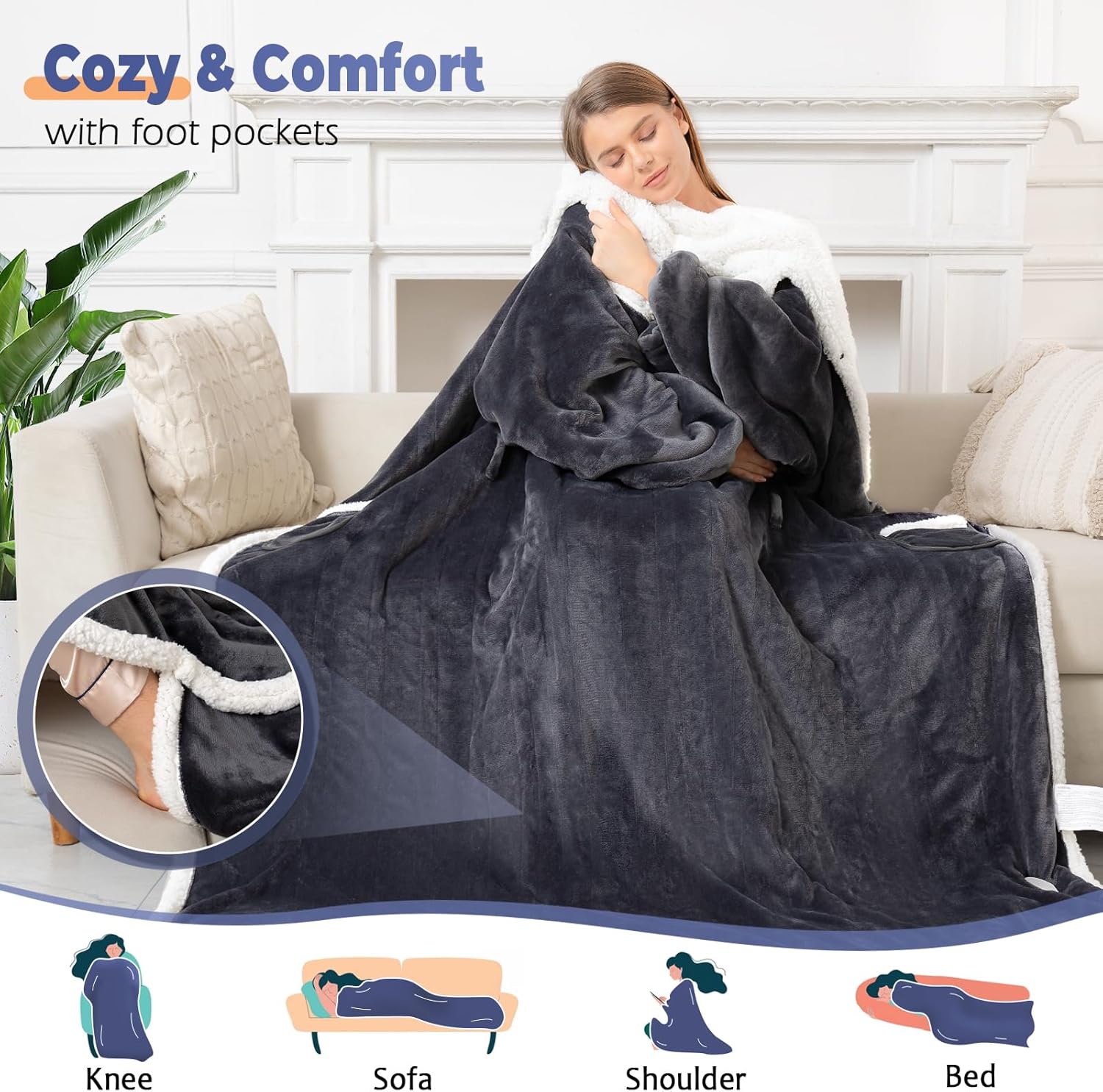 Wearable Heated Blanket with Foot Pocket: Total Body Warmth, Hands-Free Comfort! 50*70
