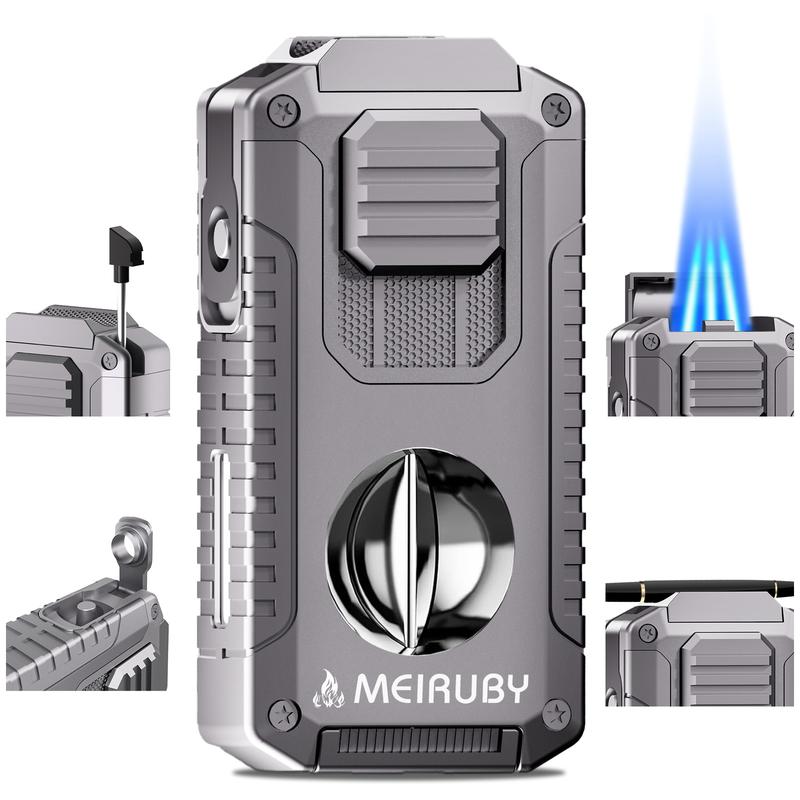 5-in-1 Butane Torch Lighter, Refillable Jet Flame Lighter with V-Cutter, Punch, Holder and Draw Tool,