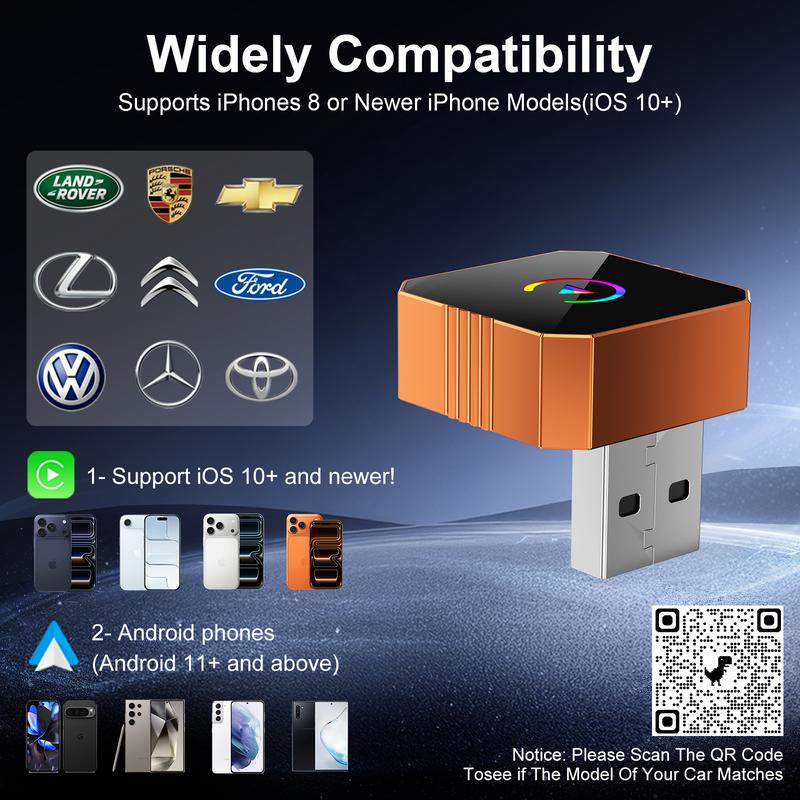 Aimoon New CarPlay 2026 Wireless Adapter for iPhone/Android Apple 17 Orange Fast Connect No Delay Hands-Free Calling