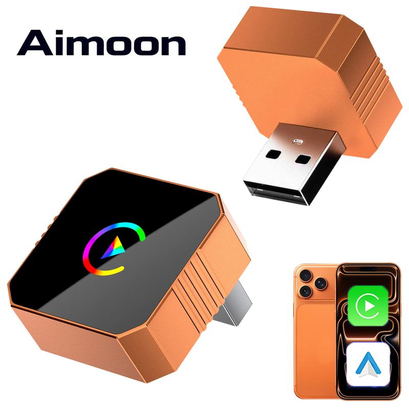 Aimoon New CarPlay 2026 Wireless Adapter for iPhone/Android Apple 17 Orange Fast Connect No Delay Hands-Free Calling