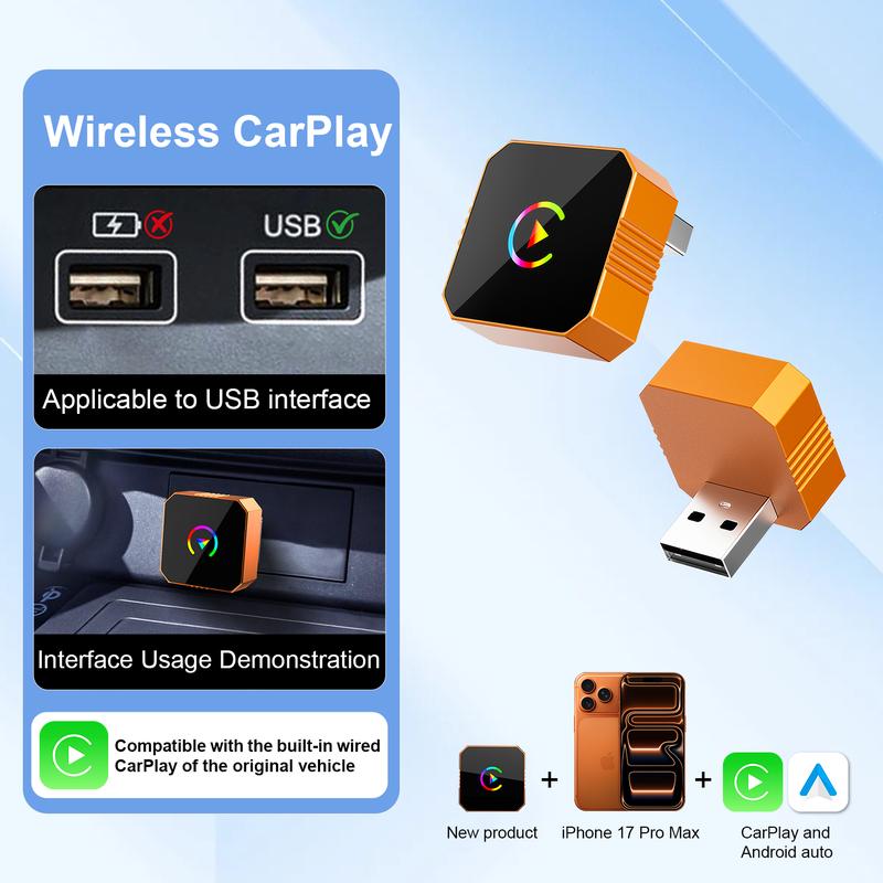 Aimoon New CarPlay 2026 Wireless Adapter for iPhone/Android Apple 17 Orange Fast Connect No Delay Hands-Free Calling