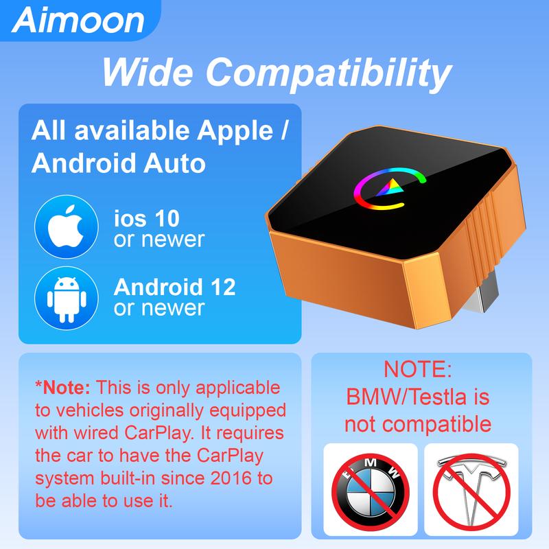 Aimoon New CarPlay 2026 Wireless Adapter for iPhone/Android Apple 17 Orange Fast Connect No Delay Hands-Free Calling