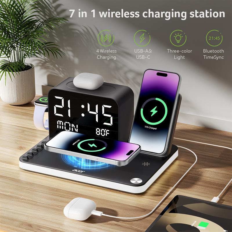 Acer 7 in 1 Wireless Charging Station with LED Night Light, Bluetooth Time Sync Clock & Temperature Display, USB-A & USB-C Ports – Compatible with iPhone, Android, Apple Watch & AirPods,