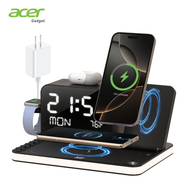Acer 7 in 1 Wireless Charging Station with LED Night Light, Bluetooth Time Sync Clock & Temperature Display, USB-A & USB-C Ports – Compatible with iPhone, Android, Apple Watch & AirPods,