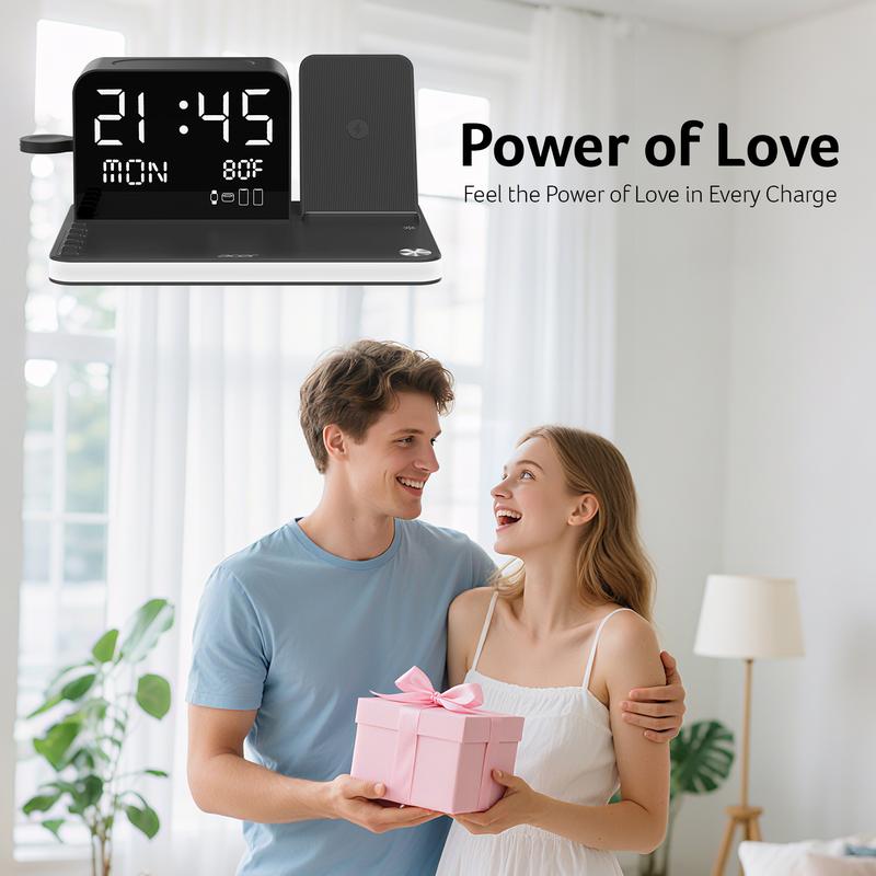 Acer 7 in 1 Wireless Charging Station with LED Night Light, Bluetooth Time Sync Clock & Temperature Display, USB-A & USB-C Ports – Compatible with iPhone, Android, Apple Watch & AirPods,