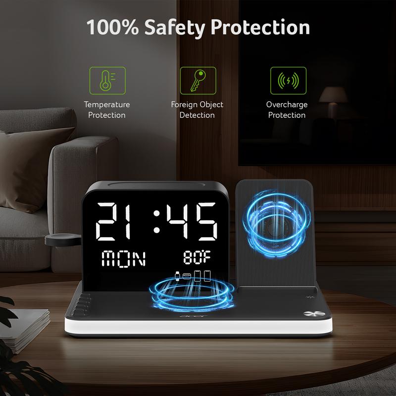 Acer 7 in 1 Wireless Charging Station with LED Night Light, Bluetooth Time Sync Clock & Temperature Display, USB-A & USB-C Ports – Compatible with iPhone, Android, Apple Watch & AirPods,