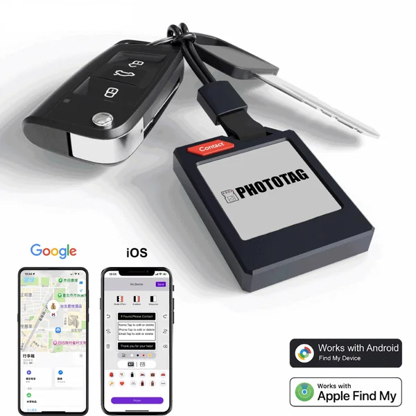 PhotoTag: Customizable e-ink tracker for keys, wallets, luggage. Compatible with Apple Find My (iOS only). Displays photos and emojis. Up to 10 months of battery life and IP65 waterproof. Replaceable battery.Personalized gift.