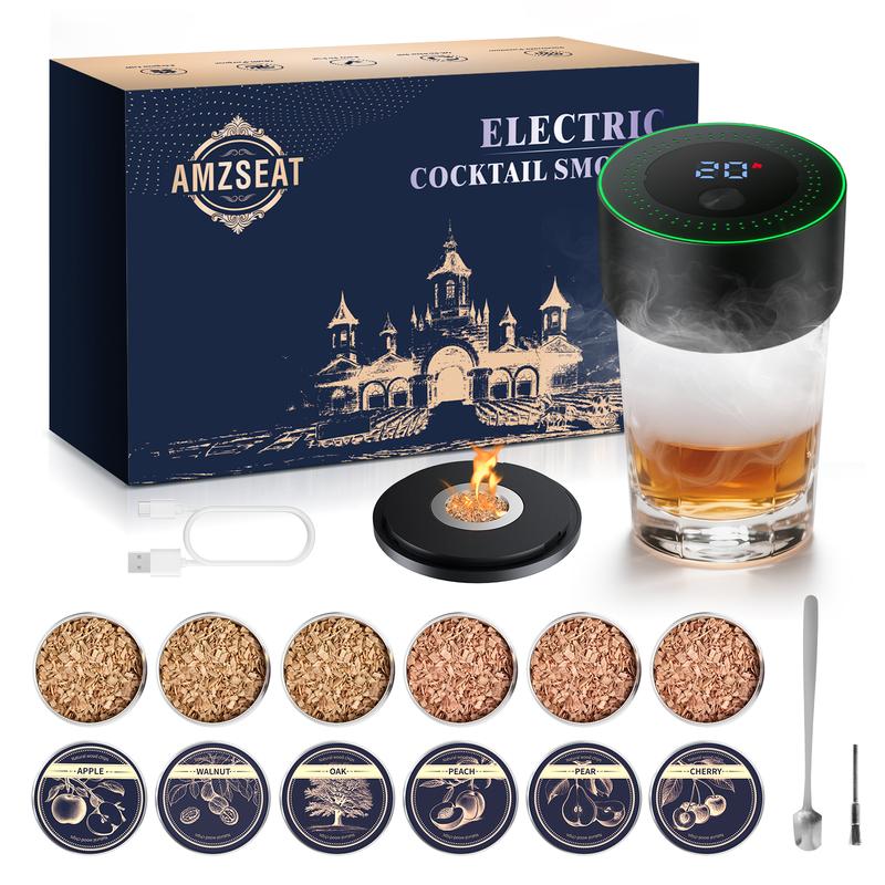 Amzseat Electric Whiskey Smoker Kit Built-in Lighter, No Butane Needed, Rechargeable Cocktail Smoker Kit with 6 Wood Chips