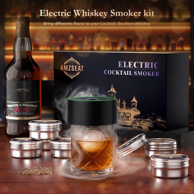 Amzseat Electric Whiskey Smoker Kit Built-in Lighter, No Butane Needed, Rechargeable Cocktail Smoker Kit with 6 Wood Chips