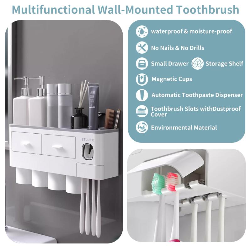 2-4 Cup Toothbrush Holders for Bathrooms - Wall Mounted with Toothpaste Dispenser - CosmeticDrawe, Large Capacity Tray & Bathroom Accessories
