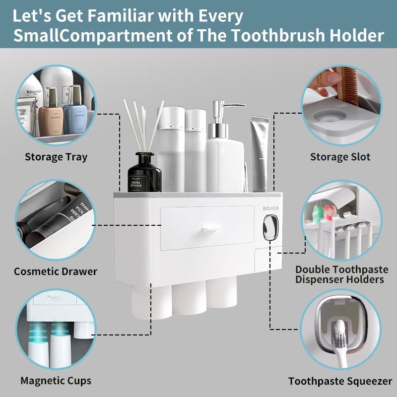 2-4 Cup Toothbrush Holders for Bathrooms - Wall Mounted with Toothpaste Dispenser - CosmeticDrawe, Large Capacity Tray & Bathroom Accessories