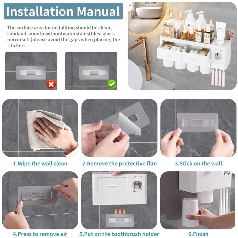 2-4 Cup Toothbrush Holders for Bathrooms - Wall Mounted with Toothpaste Dispenser - CosmeticDrawe, Large Capacity Tray & Bathroom Accessories