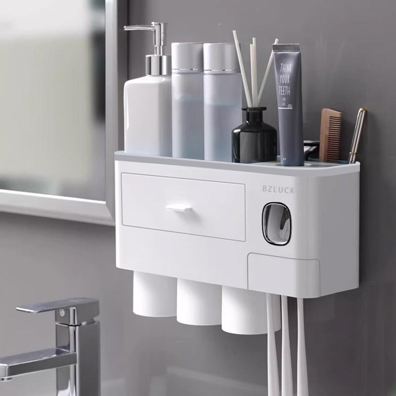 2-4 Cup Toothbrush Holders for Bathrooms - Wall Mounted with Toothpaste Dispenser - CosmeticDrawe, Large Capacity Tray & Bathroom Accessories