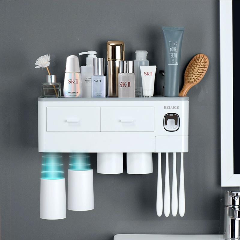 2-4 Cup Toothbrush Holders for Bathrooms - Wall Mounted with Toothpaste Dispenser - CosmeticDrawe, Large Capacity Tray & Bathroom Accessories