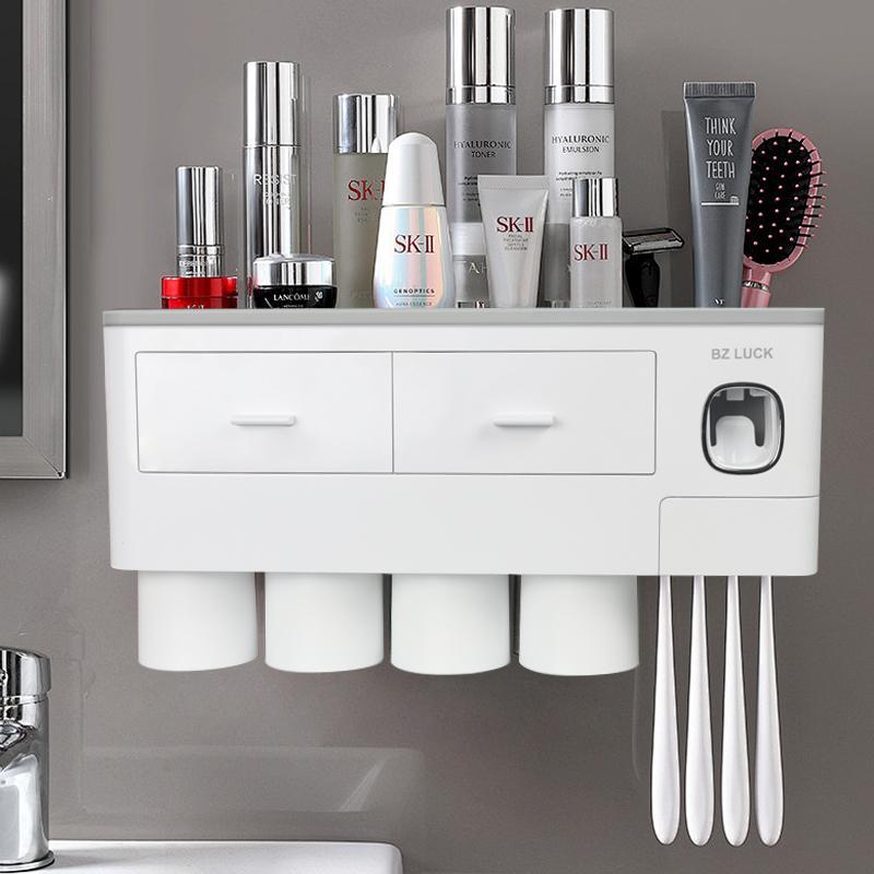 2-4 Cup Toothbrush Holders for Bathrooms - Wall Mounted with Toothpaste Dispenser - CosmeticDrawe, Large Capacity Tray & Bathroom Accessories