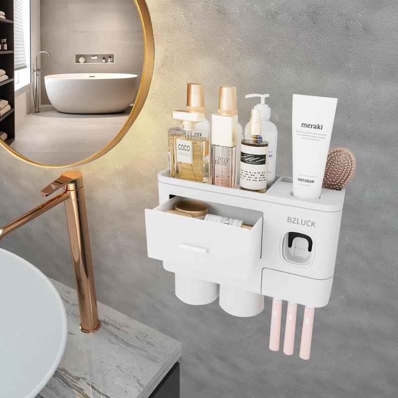 2-4 Cup Toothbrush Holders for Bathrooms - Wall Mounted with Toothpaste Dispenser - CosmeticDrawe, Large Capacity Tray & Bathroom Accessories