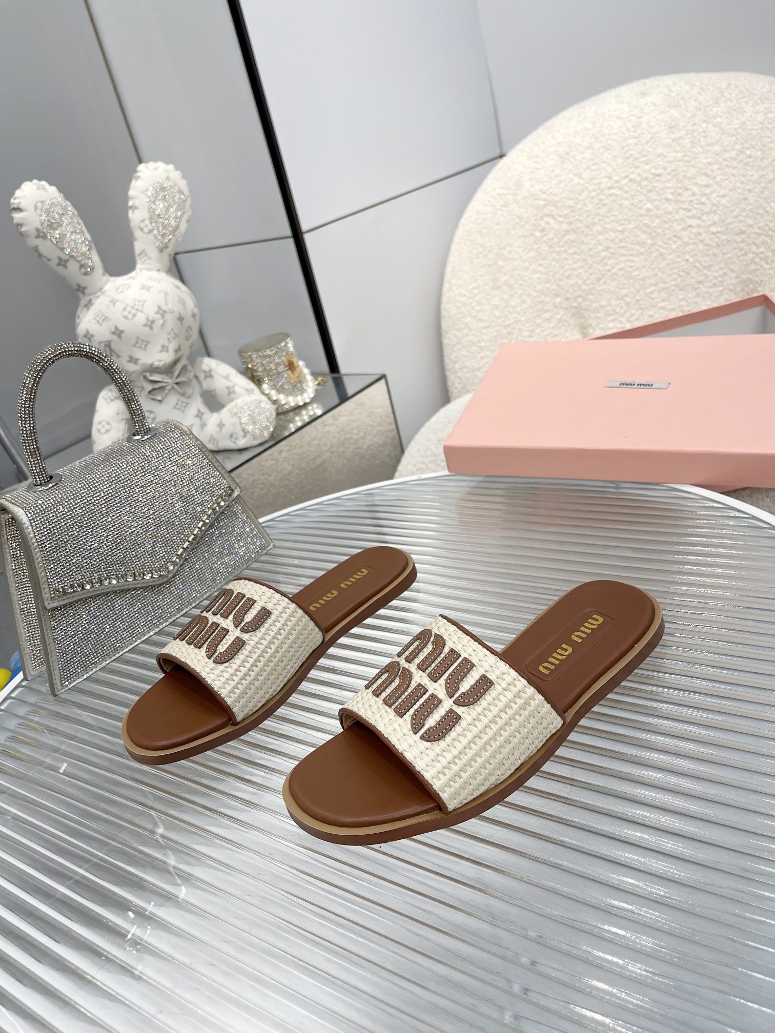 Miu miu Women designer slipper slides sandal summer sandals shoes Woven cowhide flat bottom slippers
