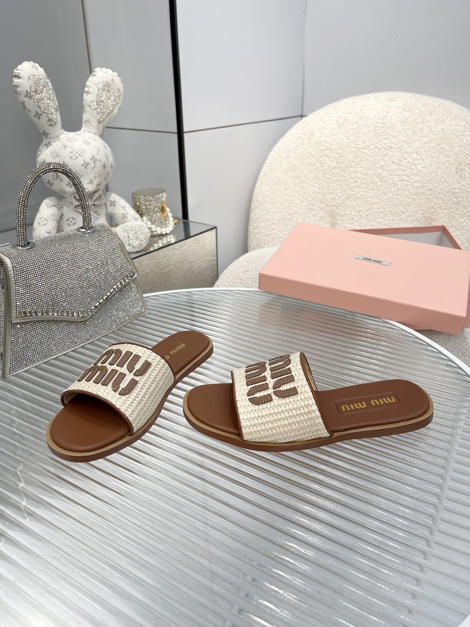 Miu miu Women designer slipper slides sandal summer sandals shoes Woven cowhide flat bottom slippers