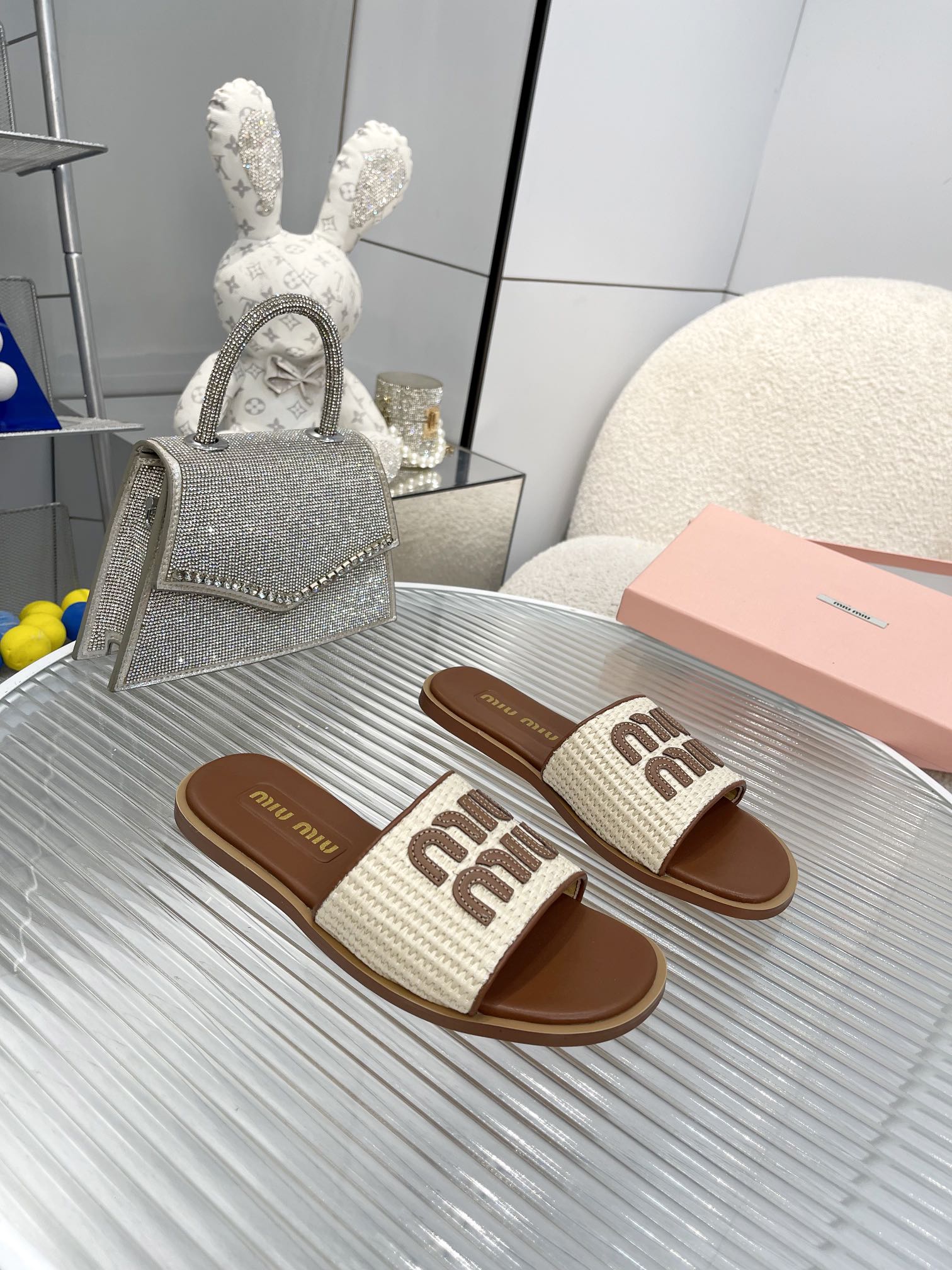 Miu miu Women designer slipper slides sandal summer sandals shoes Woven cowhide flat bottom slippers