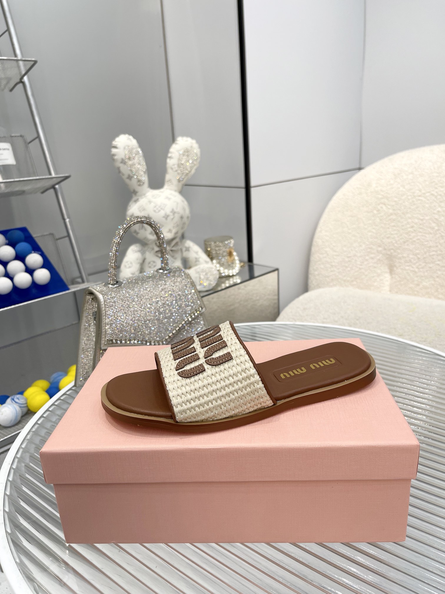 Miu miu Women designer slipper slides sandal summer sandals shoes Woven cowhide flat bottom slippers