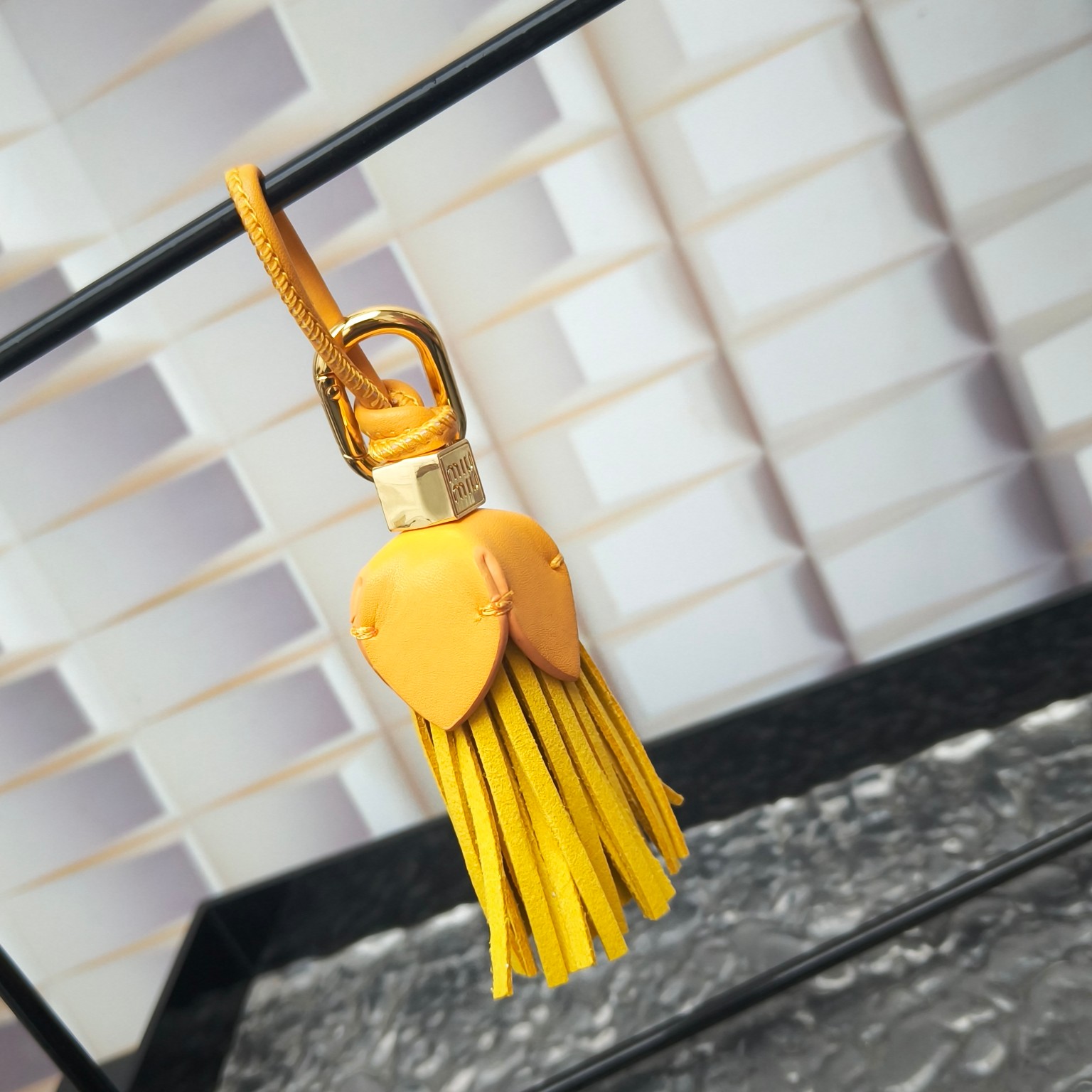 Luxury designer Bag Hanging Yellow Soft Leather Mini Wooden logo Cute nifty wax-coated cotton cord carved logo Detachable metal carabiners