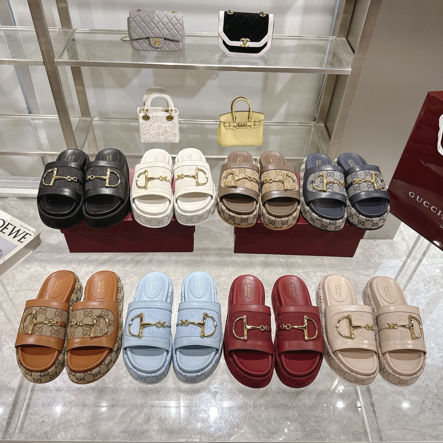 Women designer slipper slides sandal summer sandals shoes New style Thick-soled flip-flops Details of the horsehead buckle Original GG canvas decoration High-quality leather Inside the sheepskin Golden hardware Spurs Rubber outsole