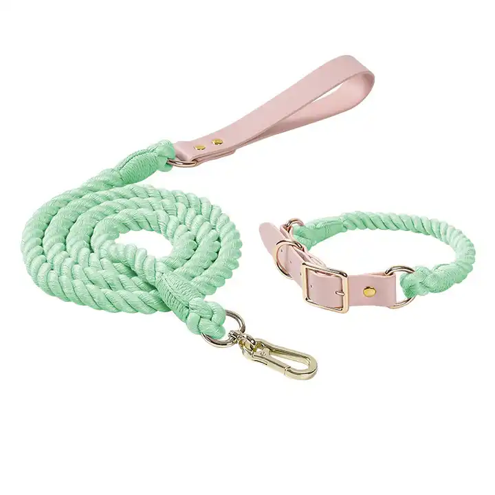 Wholesale PU Leather Woven Rope Colorful Custom Logo Dog Collar and Leash Set