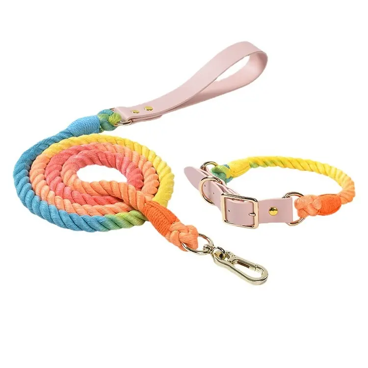 Wholesale PU Leather Woven Rope Colorful Custom Logo Dog Collar and Leash Set