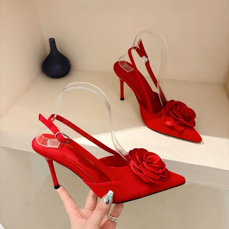 Silk Floral Slingback Pumps - Pointed Toe High Heels