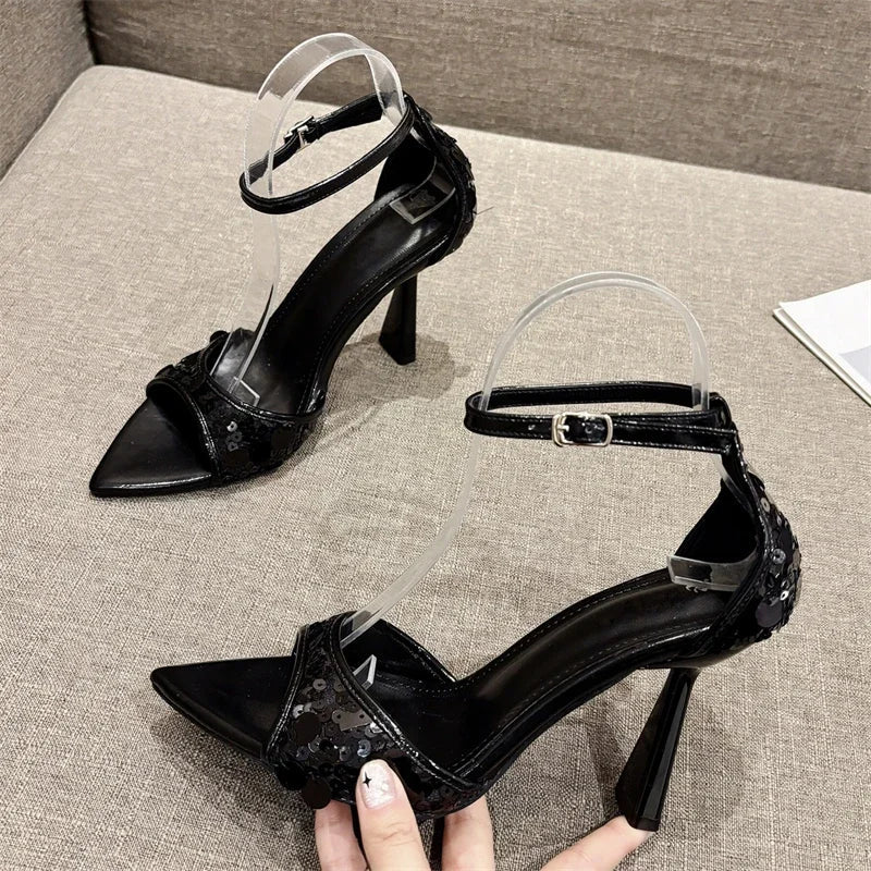 Eilyken Sequin Pointed Toe Sandals - Thin High Heels Buckle Strap