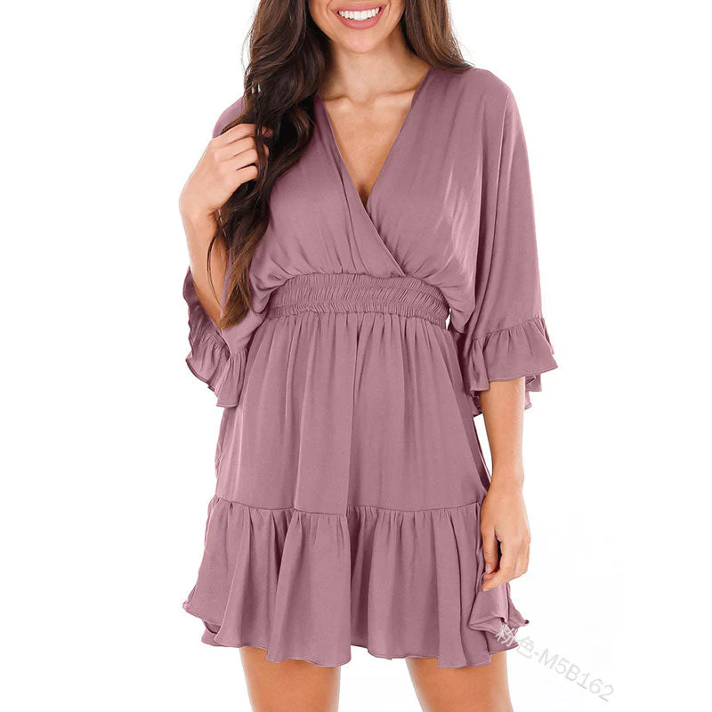 V Neck Loose High Waist Ruffle PleatedMini Dress
