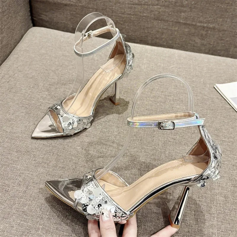 Eilyken Sequin Pointed Toe Sandals - Thin High Heels Buckle Strap
