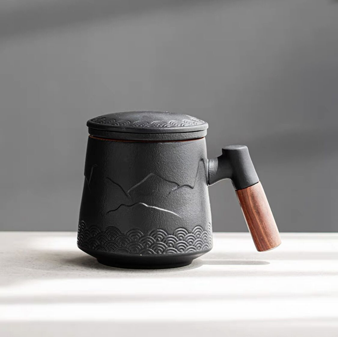 Summer SALE“Mountain” - Embossed Ceramic Tea Mug With Wooden Handle and Removable Infuser