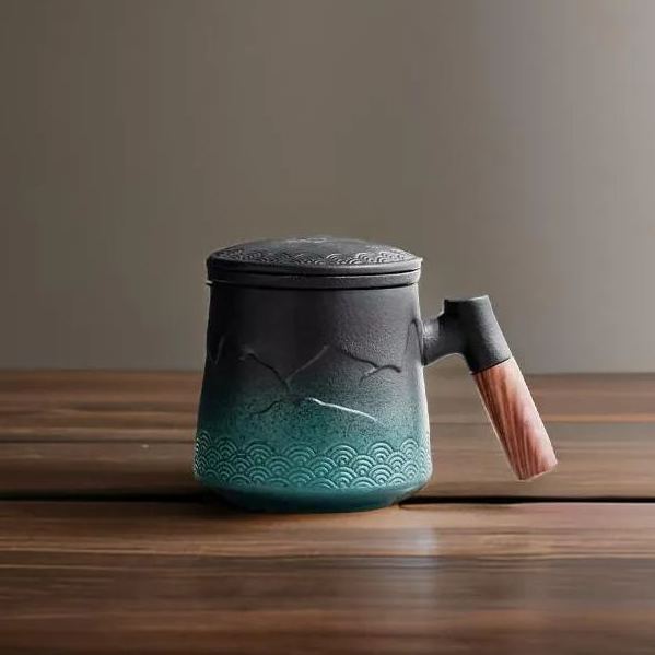 Summer SALE“Mountain” - Embossed Ceramic Tea Mug With Wooden Handle and Removable Infuser