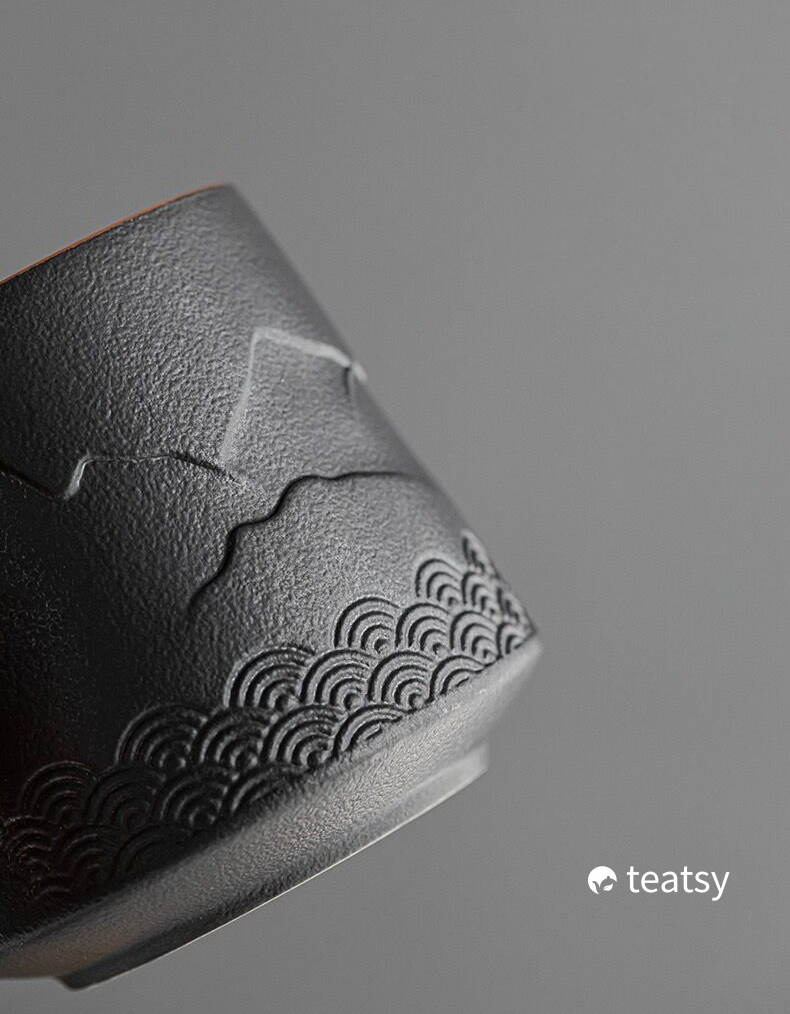 Summer SALE“Mountain” - Embossed Ceramic Tea Mug With Wooden Handle and Removable Infuser