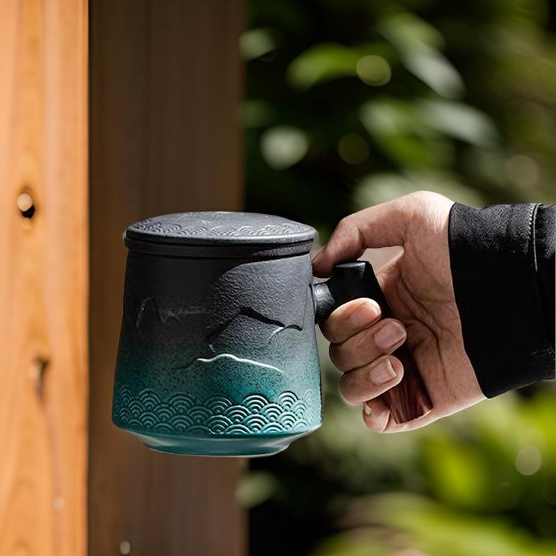 Summer SALE“Mountain” - Embossed Ceramic Tea Mug With Wooden Handle and Removable Infuser