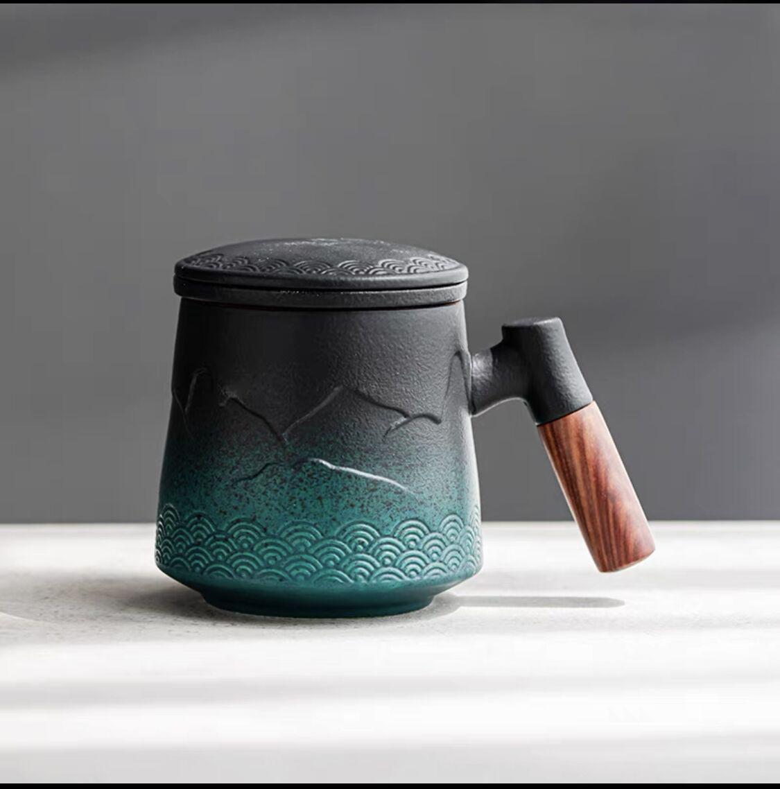 Summer SALE“Mountain” - Embossed Ceramic Tea Mug With Wooden Handle and Removable Infuser