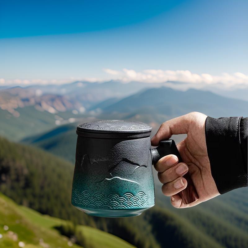 Summer SALE“Mountain” - Embossed Ceramic Tea Mug With Wooden Handle and Removable Infuser