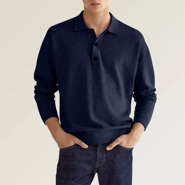 Long sleeved V-neck buttoned men's casual top polo shirt