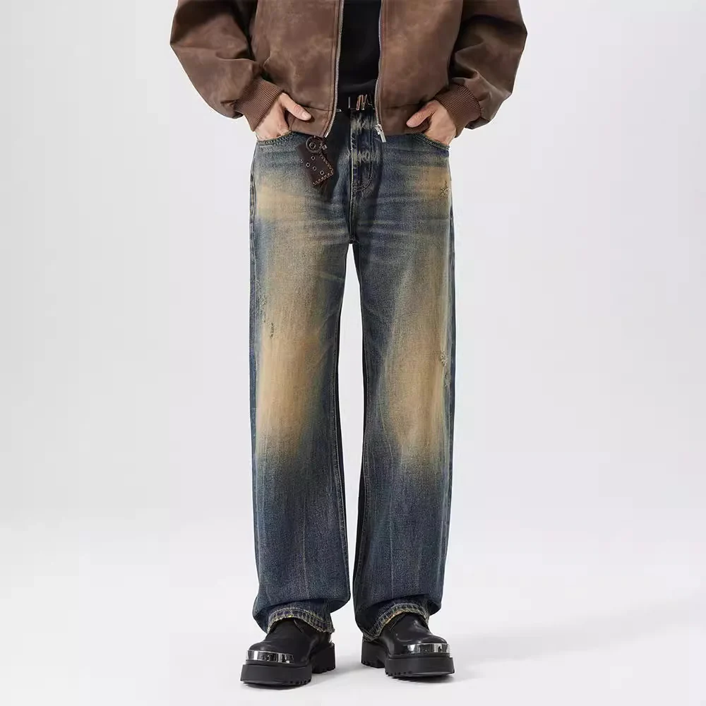 Vintage mud yellow loose straight wide leg new trousers man