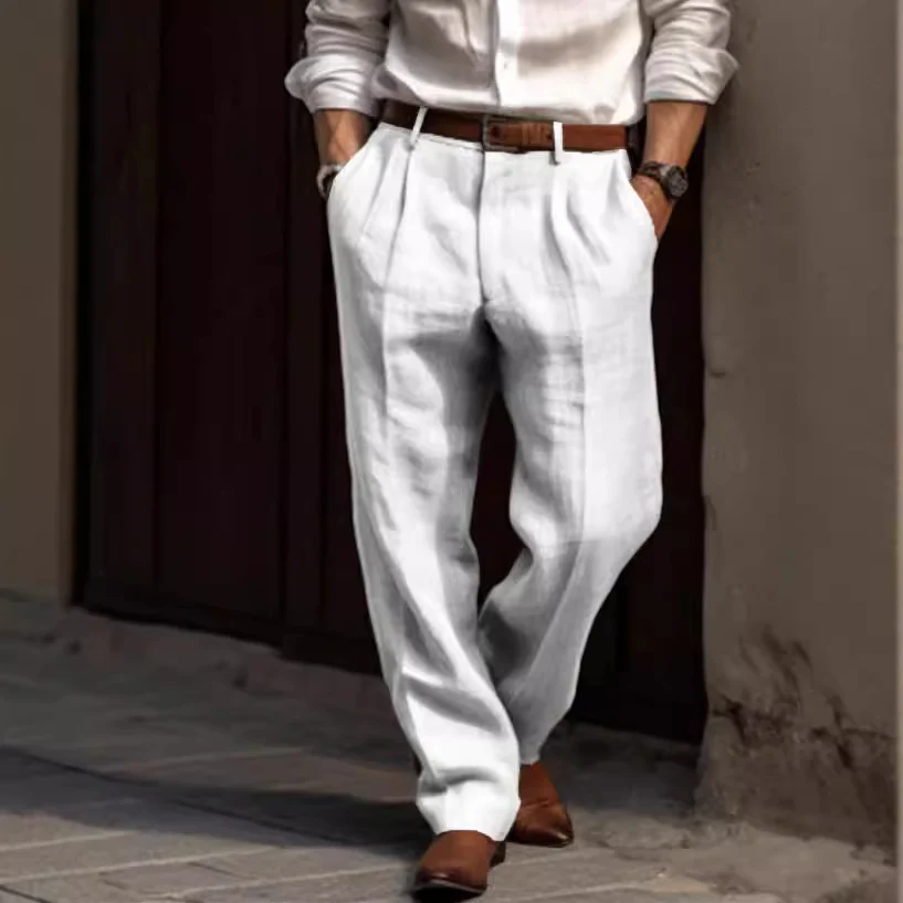 Men's cotton and linen straight leg pants