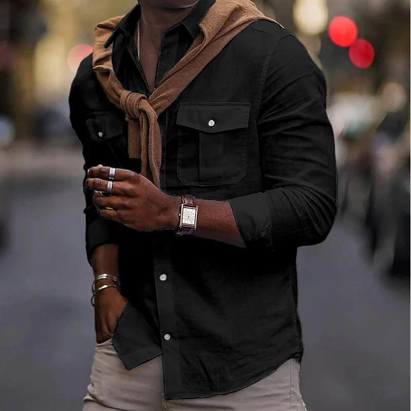 New Solid Colour Cotton Lapel Pocket Shirt