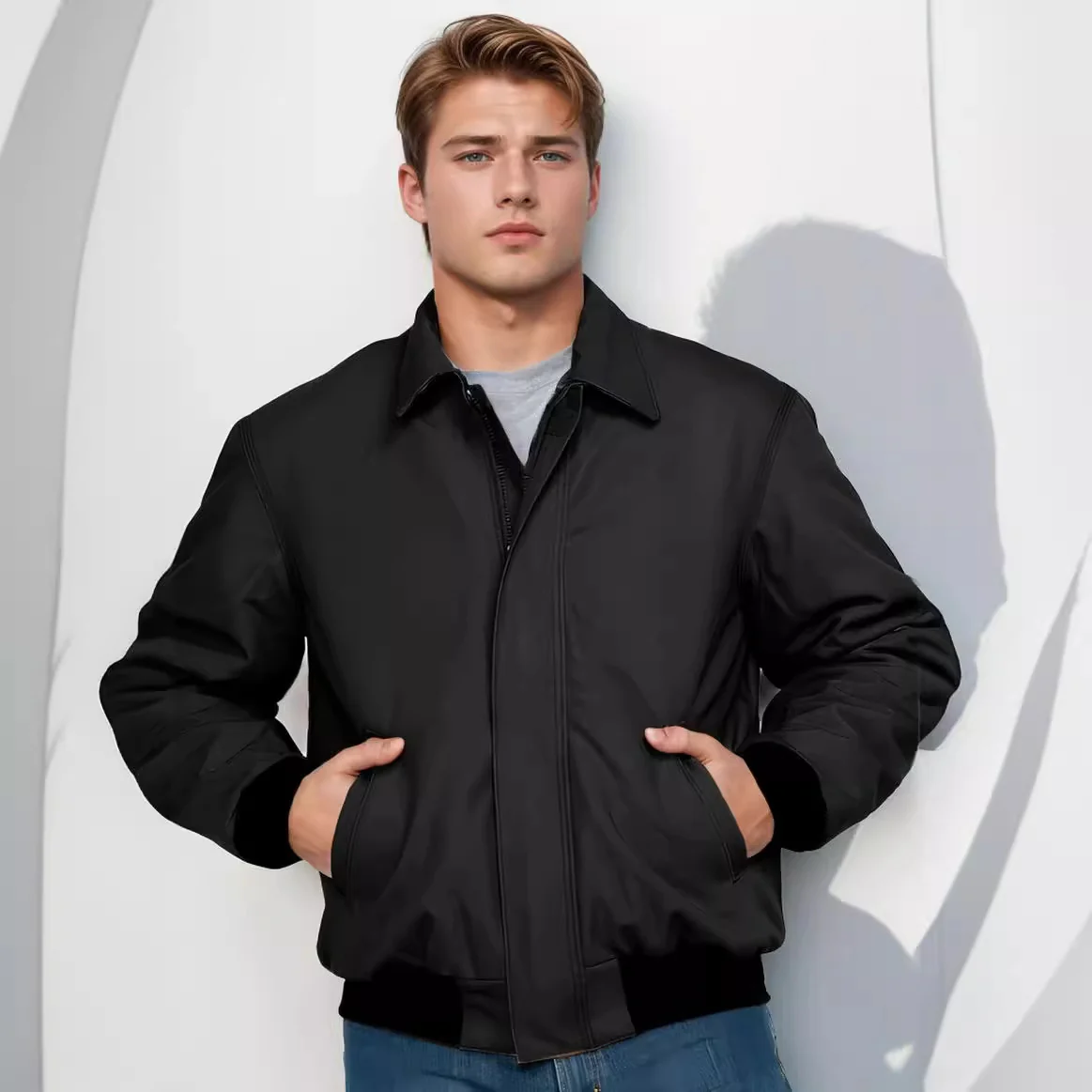 Ribbed colour blocked lapel zip up jacket