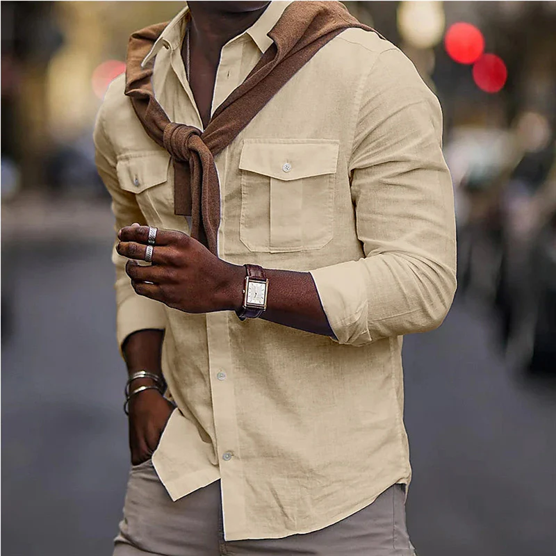 New Solid Colour Cotton Lapel Pocket Shirt