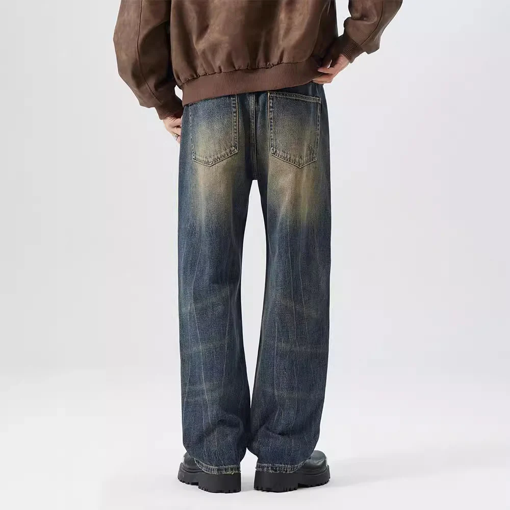 Vintage mud yellow loose straight wide leg new trousers man