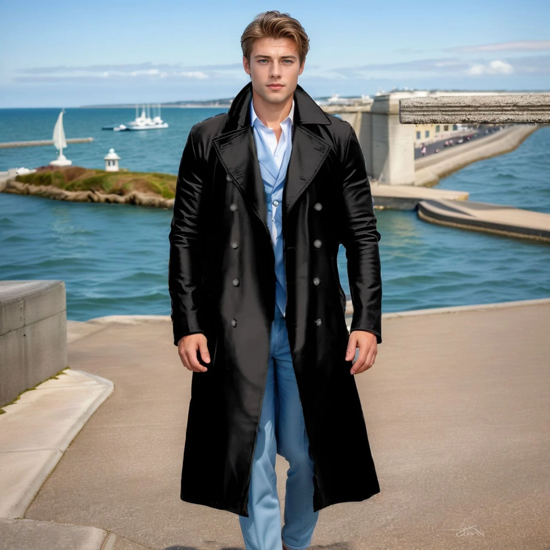 Long leather trench coat men's double-breasted leather jacket