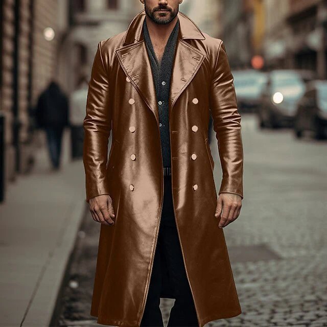 Long leather trench coat men's double-breasted leather jacket